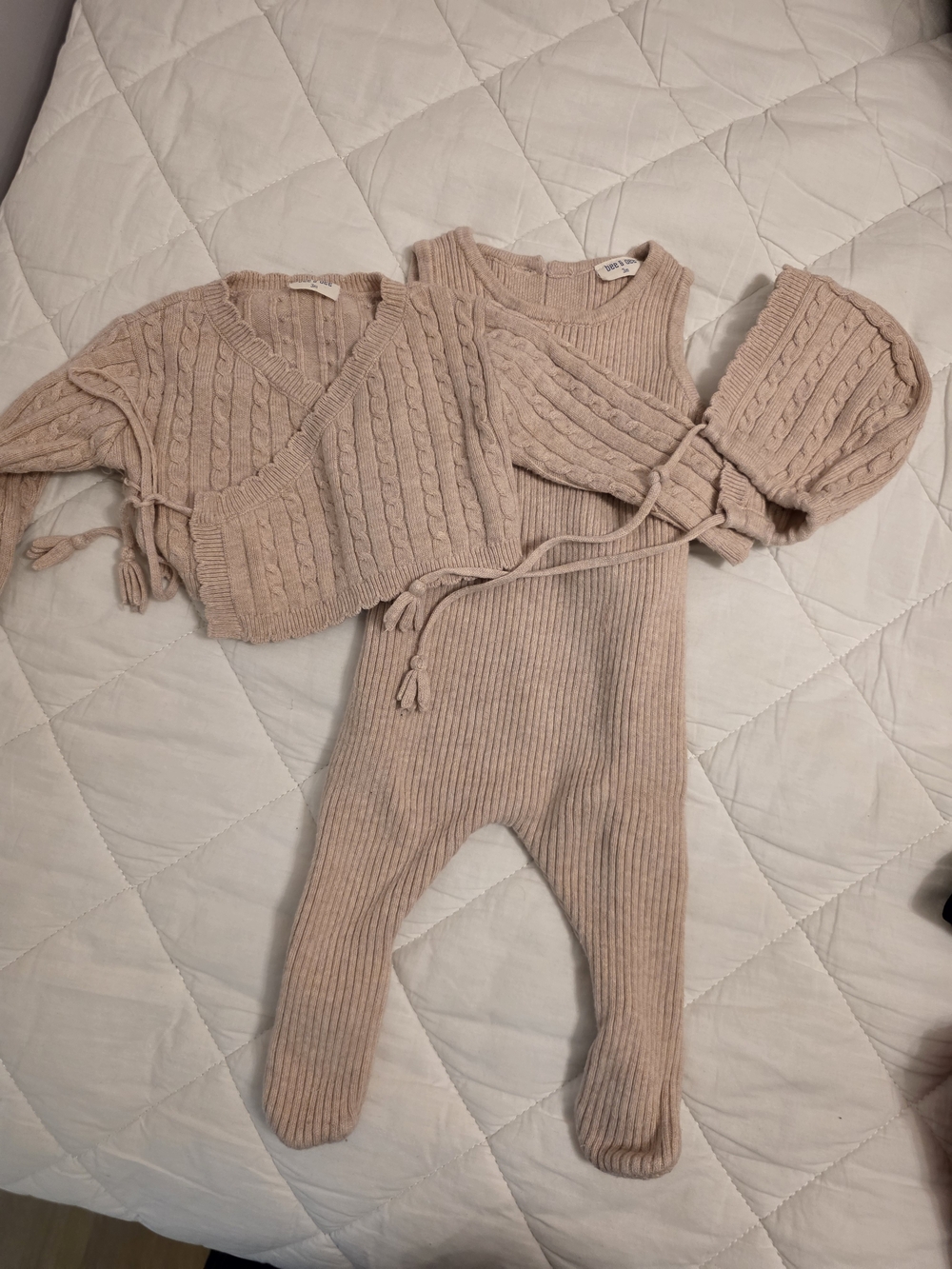 Neutral Beige Knit Baby Romper Set with Wrap Sweater and Bonnet
